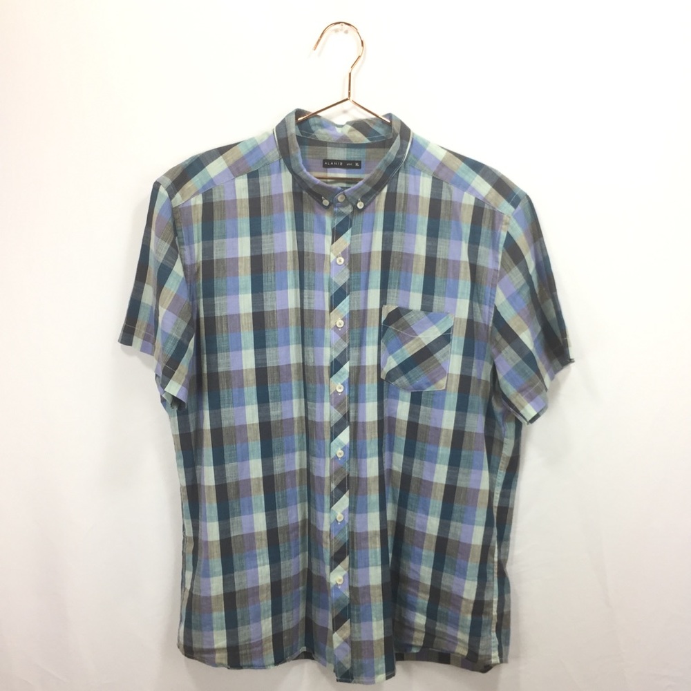Alaniz Shirt XL Blue Gray Plaid Button Down Short